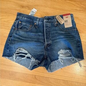 Levi's Women's Ripped Denim Shorts - Dark Blue High Rise Fitted Through Hip Sz32